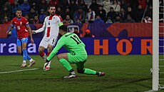 Gruzínský kapitán Guram Kaija sleduje, jak branká Giorgi Mamardavili v...