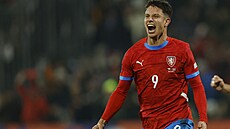 �eský úto�ník Adam Hlo�ek slaví gól, který vst�elil do sít� Gruzie.