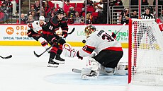 Branká Ottawy Anton Forsberg zasahuje proti stele Martina Nease z Caroliny.