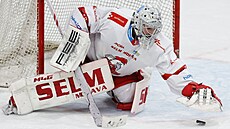 Matj Machovský z Olomouce chytá puk v utkání se Spartou.