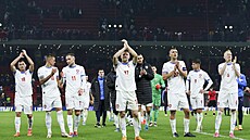 etí fotbalisté dkují fanoukm za podporu po utkání s Albánií.