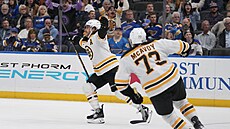 David Pastrák z Bostonu se raduje z gólu v zápase se St. Louis, s gratulací za...