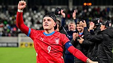 Kapitán eské jedenadvacítky Václav Sejk oslavuje postup na Euro.