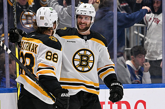 eské duo David Pastrák a Pavel Zacha slaví branku druhého jmenovaného.