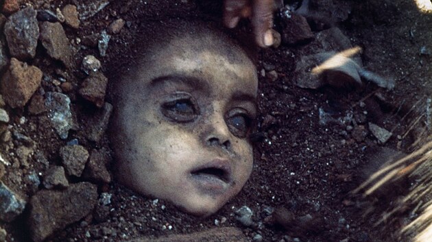 Poh�eb hol�i�ky otr�ven� jedovat�mi chemik�liemi p�i explozi tov�rny Union Carbide v indick�m Bh�p�lu (4. prosince 1984)