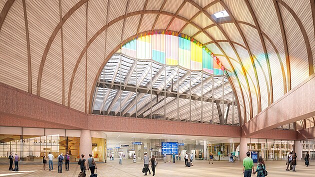 Velkoryse pojat� vstupn� hala nov�ho brn�nsk�ho n�dra��. P�es pr�hledn� sklo naho�e uvid� cestuj�c� na n�stupi�t�.