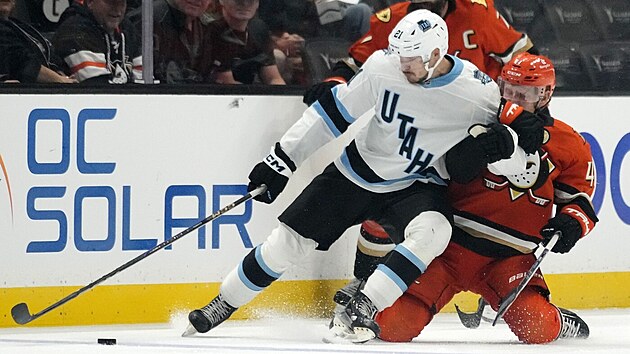 Milo� Kelemen v dresu Utahu se natahuje po puku b�hem utk�n� proti Anaheimu.