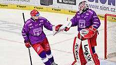 Výhru Hradce slaví  Radek Pila� a branká� Filip Novotný.