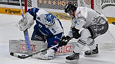 Branká Gaper Kroelj z Komety Brno (v modrém) zasahuje proti anci Jiího...