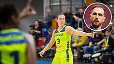 Teja Oblaková z USK Praha v zápase se Szekszardem. Ve výezu Jan Oblak.