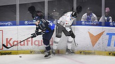 Tomá� Urban z Plzn� bojuje u mantinelu o puk s Michalem Plutnarem z Karlových...