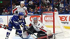 Jake Guentzel se snaí pekonat Charlieho Lindgrena.