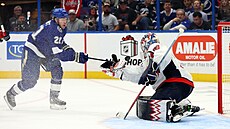 Charlie Lindgren zasahuje proti Braydenu Pointovi.