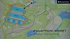 Rozmístní hal na map s vyznaenou vzdáleností od tzv. ikmého kostela (21....