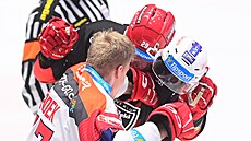 Michal Hrádek z Pardubic se rve s Petrem Kalinou z Hradce Králové.