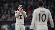 Úto�ník Bayernu Mnichov Harry Kane po zahozené �anci v utkání s PSG.