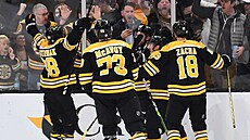 David Pastrák (88), Charlie McAvoy (73) nebo Pavel Zacha (18) z Bostonu slaví...
