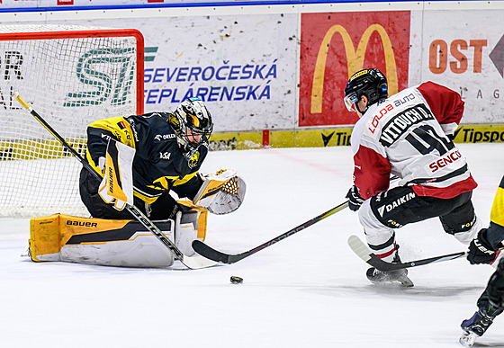 David Vitouch ze Sparty (vpravo) se sna�í p�ekonat branká�e Litvínova Mateje...