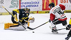 David Vitouch ze Sparty (vpravo) se snaí pekonat brankáe Litvínova Mateje...