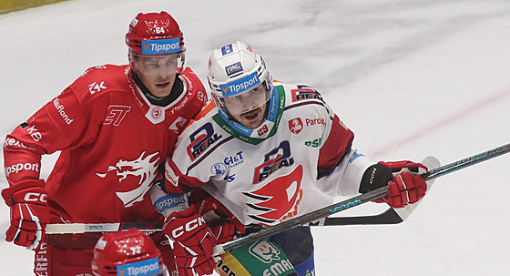 T�inecký Patrik Koch brání pardubického Milo�e Kelemena.