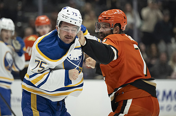 Radko Gudas v bitce s Connorem Cliftonem z Buffala.