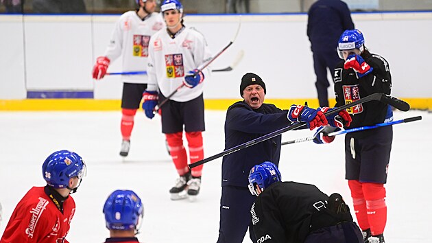 Tr�nink �esk� hokejov� reprezentace p�ed �v�carsk�mi hrami. Pokyny ud�l� kou� Radim Rul�k.