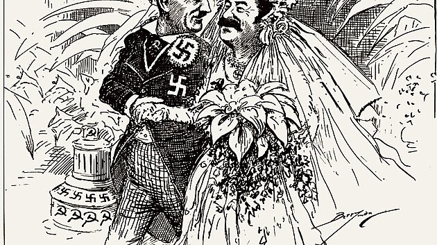 Karikatura k sov�tsko-n�meck�mu paktu, oti�t�n� v americk�ch novin�ch The Washington Star dne 9. ��jna 1939, t�i dny po p�du Polska. Autorem karikatury je Clifford K. Berryman.