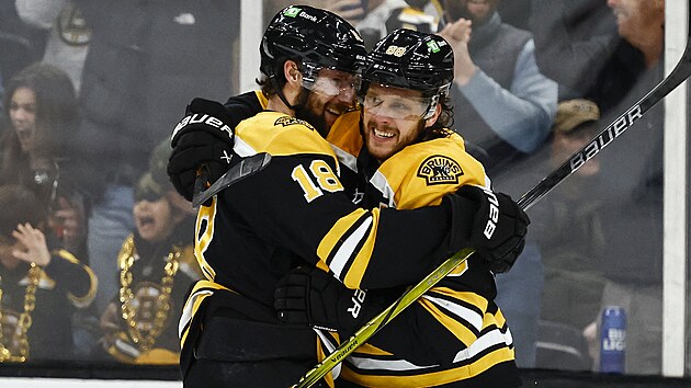 Bostont tonci Pavel Zacha (vlevo) a David Pastrk se raduj z vtznho glu, kter spolu zadili.