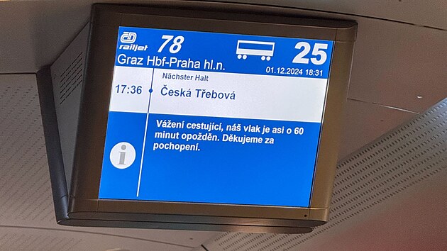 Rychl�k rj 78 jedouc� ze �t�rsk�ho Hradce v Rakousku uv�zl ve Svitav�ch. N�sledn� se vrac� do Brna, aby tak� jel p�es Havl��k�v Brod na Kol�n a do Prahy. (1. prosince 2024)