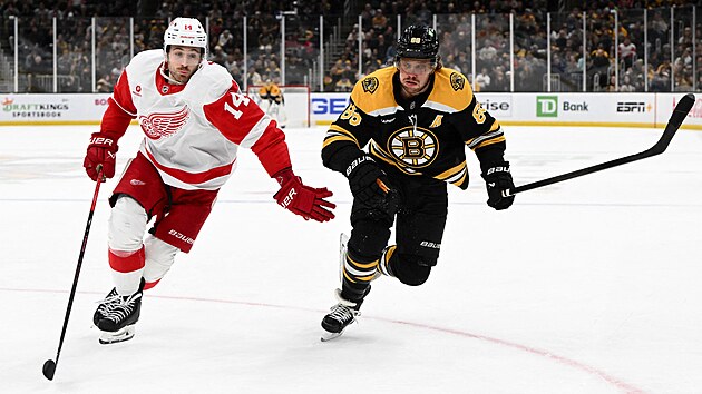 Za pukem se ��t� David Pastr��k (vpravo) z Bostonu a Tyler Motte z Detroitu.