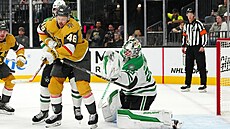 Tomá Hertl z Vegas Golden Knights zkouí teovat puk ped dallaským brankáem...