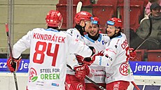 Hokejisté T�ince slaví gól proti Karlovým Var�m.