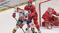 Pardubický Milo� Kelemen si navádí puk v utkání s T�incem.