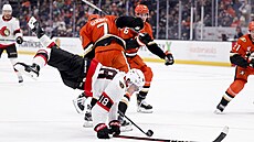 Radko Gudas posílá k ledu Tima Stützleho z Ottawy.