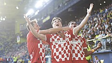 �eský obránce Ladislav Krej�í se raduje z gólu, který �pan�lské Giron� zajistil...