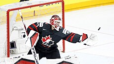 Jordan Binnington se natahuje po kotou�i v utkání proti �védsku.