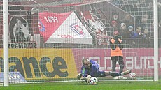Branká� Martin Janá�ek z �eských Bud�jovic chytá penaltu v utkání proti...