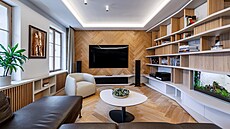 V obývacím pokoji podél st�ny naproti okn�m b�í plynule atypická, na míru...