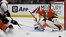 Branká� Luká� Dostál z Anaheimu �elí �anci Noaha Gregora z Ottawy.