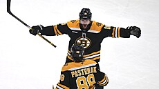 Pavel Zacha (nahoe) z Bostonu se raduje se spoluhráem Davidem Pastrákem z...