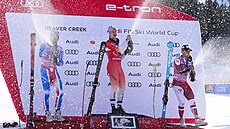 Trio nejlep�ích ze super-G v Beaver Creeku. Zleva druhý Francouz Cyprien...