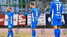 Marek Matjovský (uprosted) záloník Mladé Boleslavi po gólu do sít Budjovic.