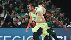 Tomá Satoranský z Barcelony vyuívá clony spoluhráe Jana Veselého v zápase s...