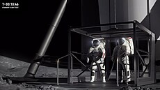 Ilustrace astronaut ve skafandrech Axiom Space vystupujích výtahem ze Starship...