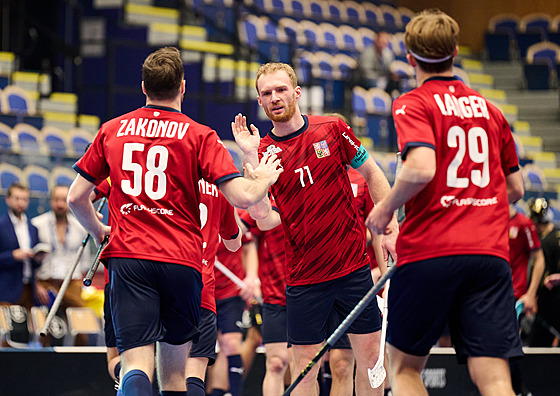 �eský florbalový národní tým na MS 2024 v Malmö slaví gól proti N�mecku.