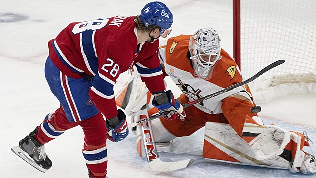 Christian Dvorak z Montreal Canadiens p�ekon�v� brank��e Luk�e Dost�la z Anaheim Ducks.