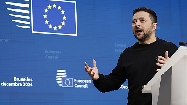 Ukrajinsk� prezident Volodymyr Zelensky na summitu v Bruselu (19. prosince 2024)