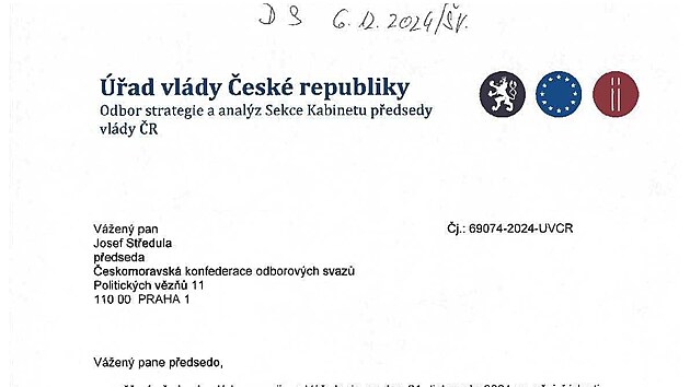Dopis z ��adu vl�dy Josefu St�edulovi o platech (11. prosince 2024)