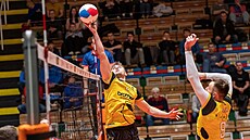 Momentka z extraligového zápasu brnnských volejbalist (v lutých dresech)...