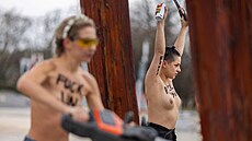�lenky Femen protestují pod památníkem �Zlomená �idle� na nám�stí Place des...